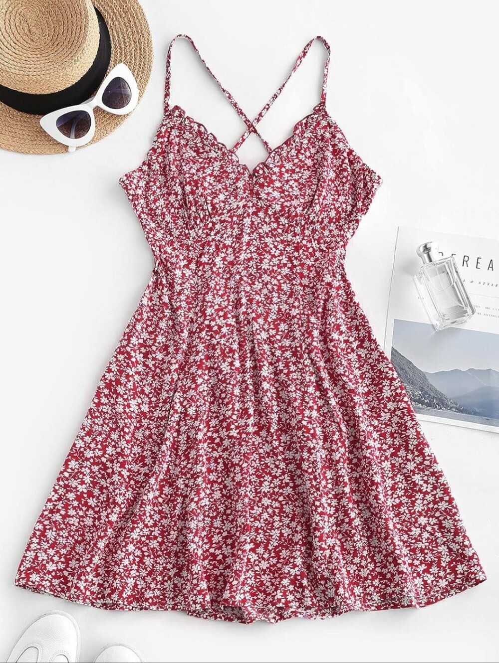Zaful Mini Dress Red & White Floral Crisscross Back